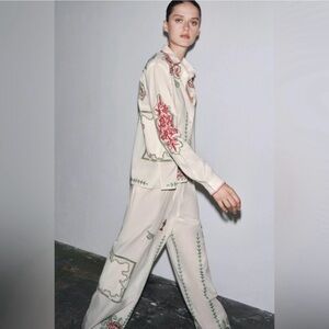 Zara Cream and Red / Green Embroidered Pantsuit